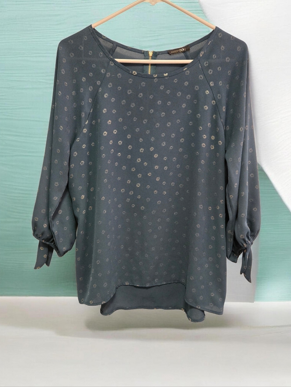 Papermoon (Stitch Fix) Dark Teal Silver Dot Tie-Sleeve Blouse — Size M | Good